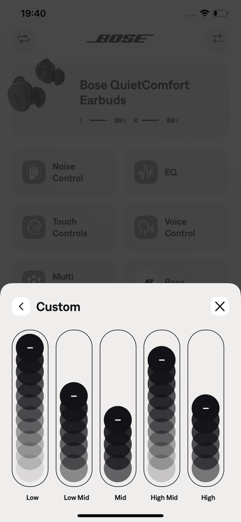 The Bose QC Earbuds app displaying a five band adjustable equalizer for custom sound control