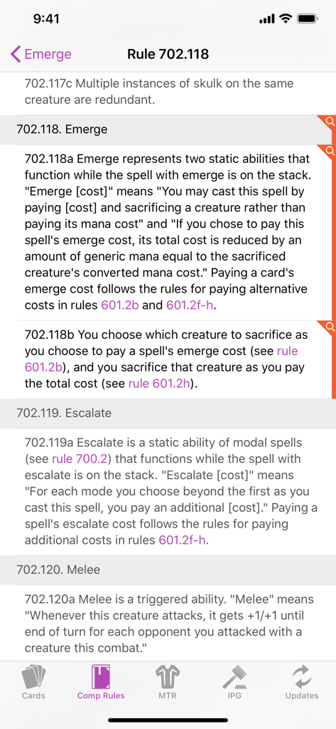 MTG Guide - Captura de pantalla de la aplicación Guía MTG mostrando las Reglas Completas para habilidades de cartas como Emerge y Escalate.
