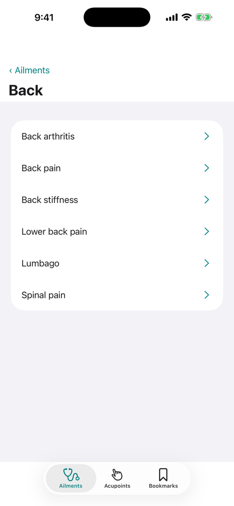 Massage Map 3D - A menu in the Massage Map 3D app listing various back conditions including back pain lumbago and spinal pain
