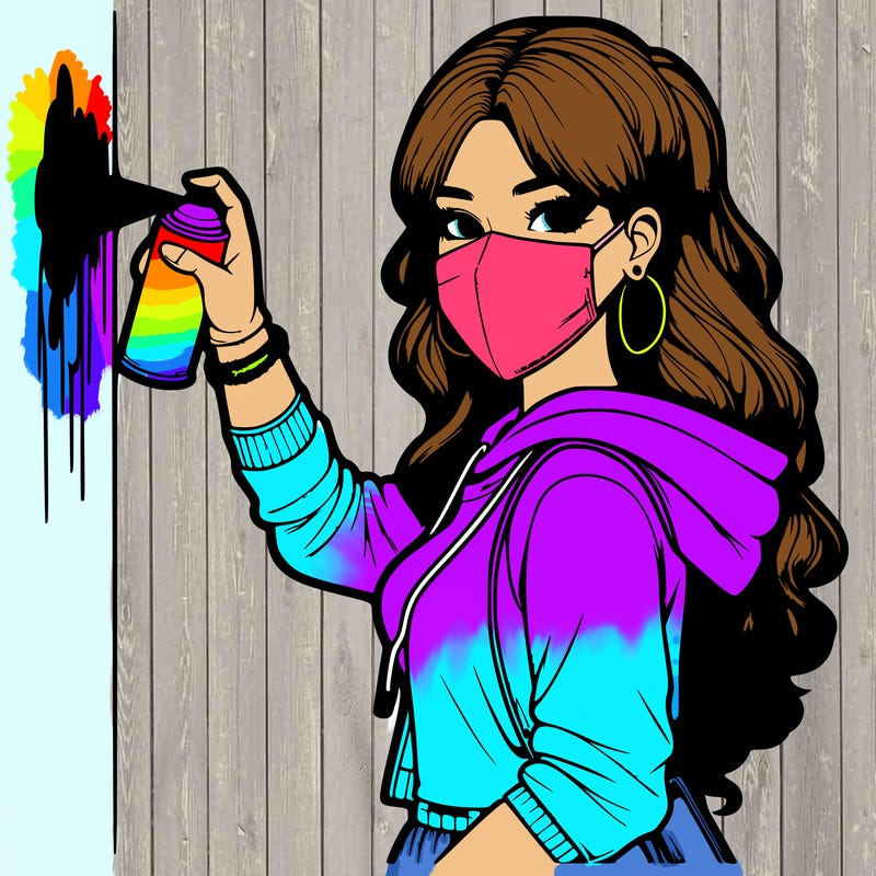 realistic girl with mask spray painting a wall