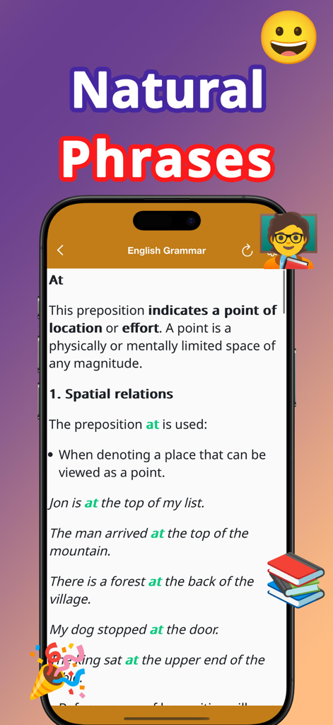 English Grammar: Prepositions - 모바일 앱 인터페이스에 전치사 'at'에 대한 문법 레슨 및 자연스러운 구문 예시가 표시됩니다.