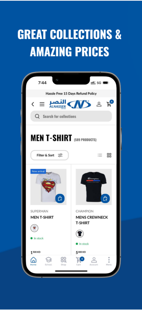 AlNasser ME - AlNasser app interface displaying mens t shirts and sportswear collections