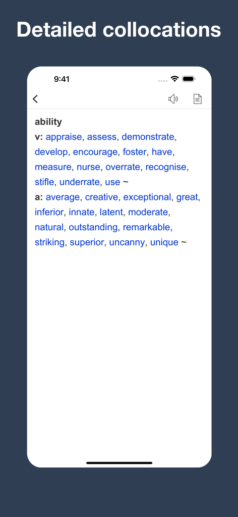 English Collocation Sentence - A detailed list of verb and adjective collocations for the word ability in the English Collocation Sentence app