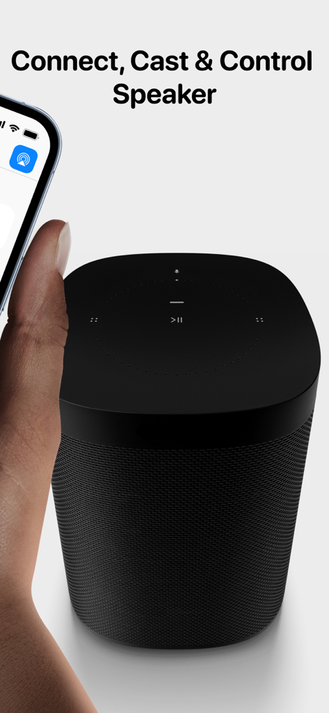 S1 & S2 Controller for Sonos - Un usuario de iPhone conectando y transmitiendo música a un altavoz inteligente inalámbrico negro