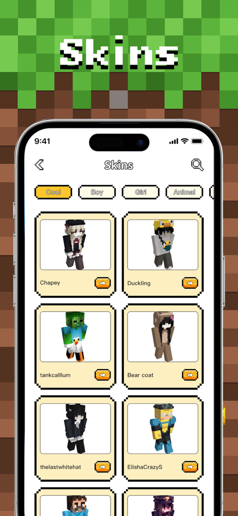 MCMods & Addons for MCPEOL - Interface do aplicativo de biblioteca de skins do Minecraft exibindo várias skins de personagens para download fácil