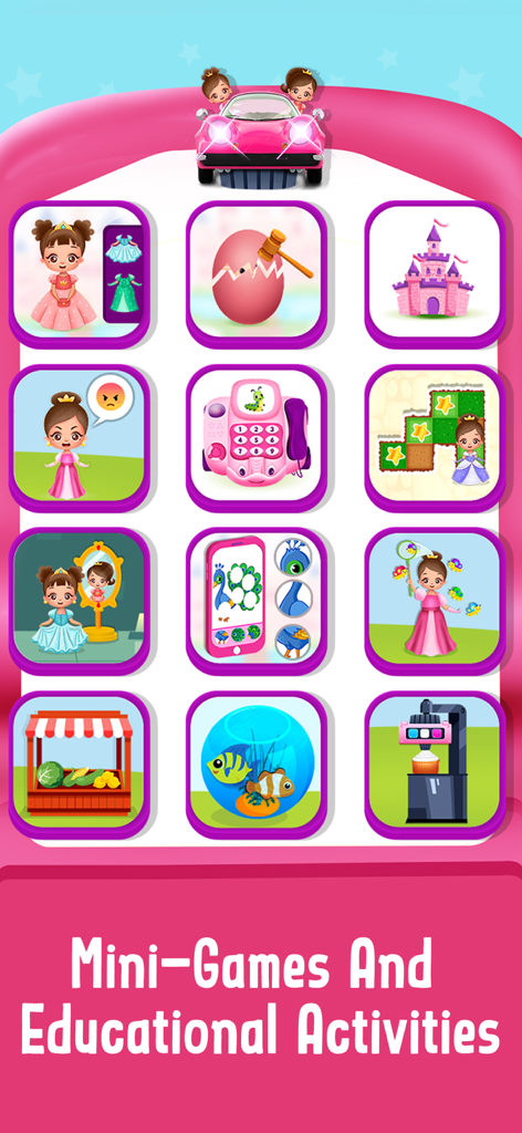 Princess Carphone Doll Games - A menu screen of Princess Carphone Doll Games showing various mini-games and educational activities for toddlers
