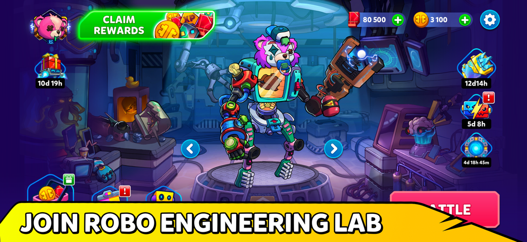 A customizable junk robot in the engineering lab of the Junkineering mobile game