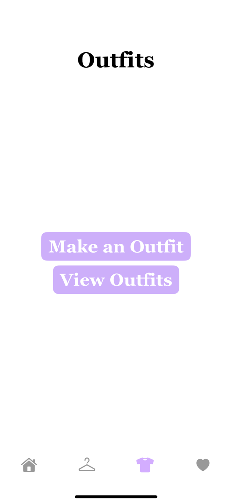 DigitalDresser - DigitalDresser app menu screen with buttons to Make an Outfit and View Outfits
