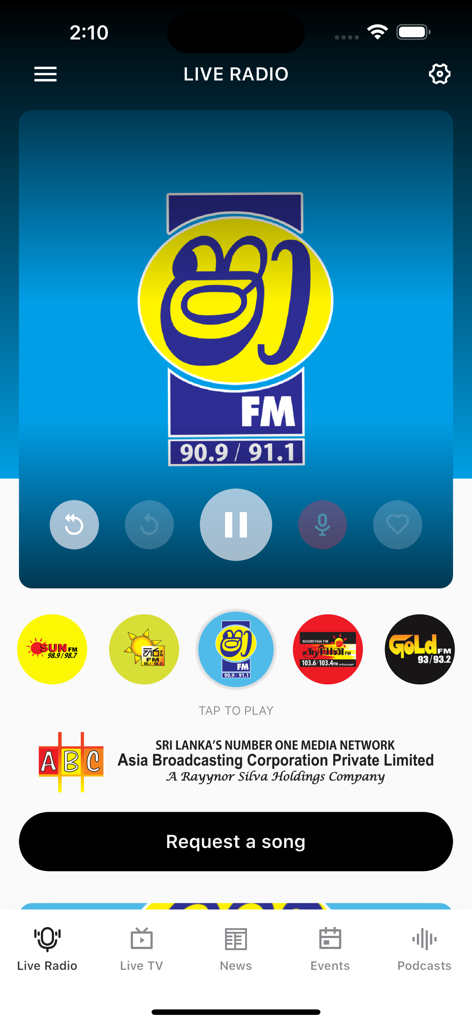 Shaa FM Mobile live radio player screen showing the station logo and music controls