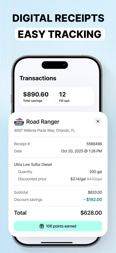 10-4 by WEX - Digital fuel receipt and savings tracking interface in the 10-4 by WEX mobile app.