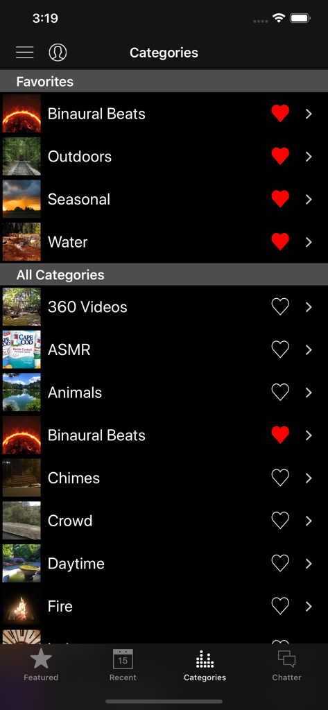 White Noise Market - La pantalla de categorías de la aplicación White Noise Market mostrando opciones de sonido como ASMR y Ritmos Binaurales