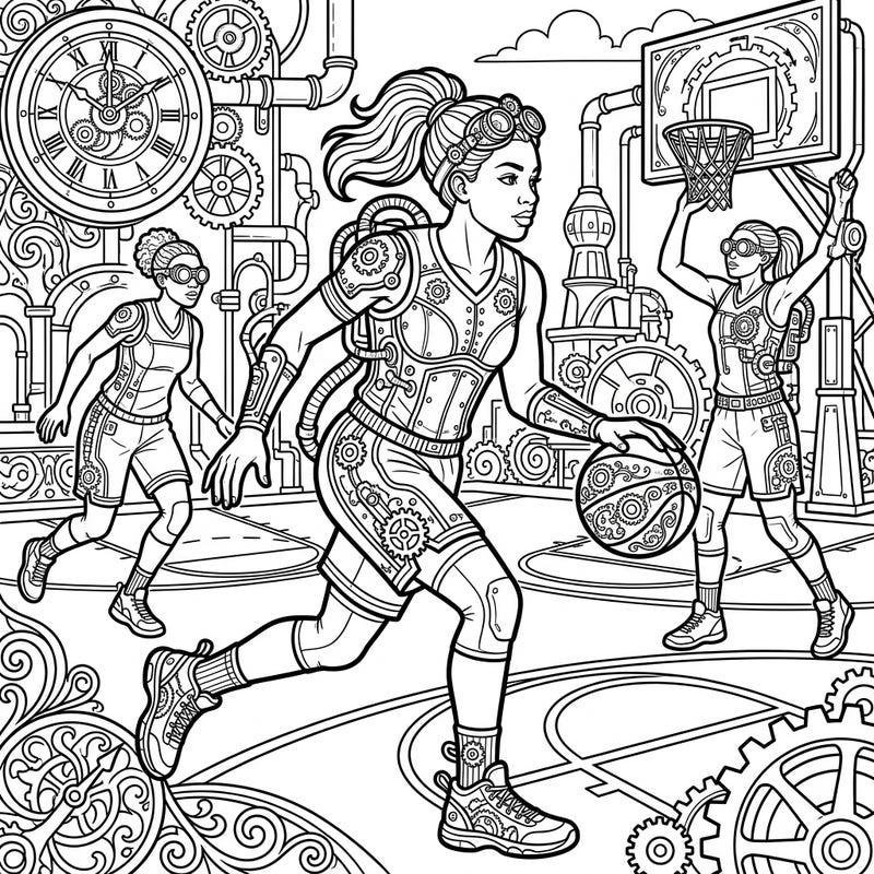 Dive into a spectacular fusion of sport and fantasy with our Steampunk WNBA Players coloring page. Witness powerful athletes adorned with gears and gadgets, bringing a unique retro-futuristic twist to the basketball court.