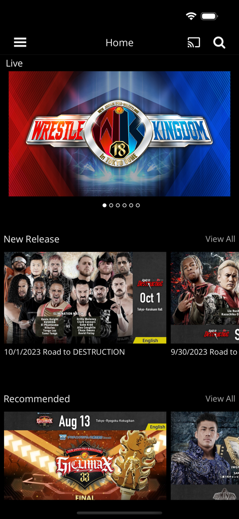 NJPW WORLD app home screen featuring Wrestle Kingdom 18 live banner and wrestling match categories