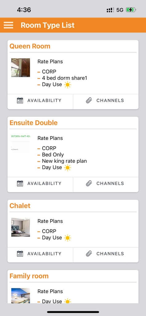 STAAH - Room Type List screen in the STAAH app showing rate plans and management options for different hotel room categories