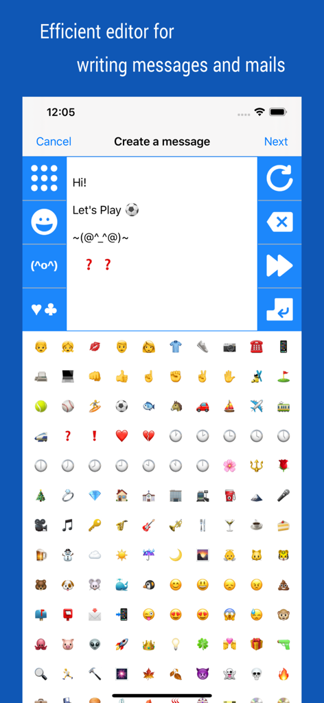 Interface for writing group messages and emails featuring an emoji and kaomoji keyboard within the iContacts plus app