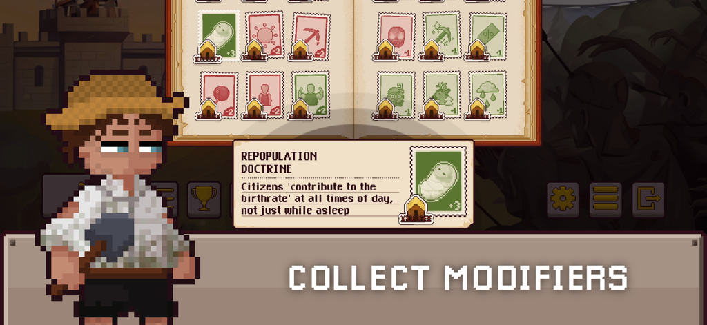 Una captura de pantalla de Final Outpost Definitive que muestra un libro de modificadores de juego con la carta Doctrina de Repoblación resaltada.