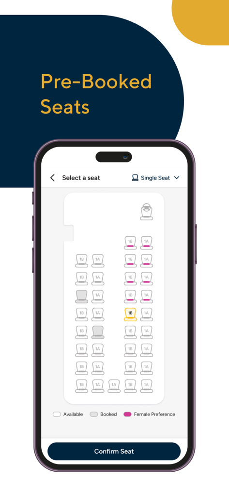 Cityflo mobile app interface showing a bus seat map for pre-booking a ride.