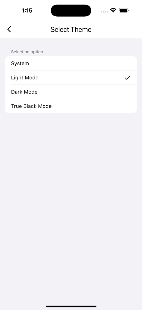 Credit Card Exchange Rate 앱의 테마 선택 화면, 밝은 모드, 어두운 모드 및 트루 블랙 모드 옵션 표시