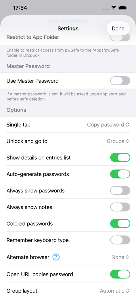 The settings menu of the pwSafe 2 password manager app showing configuration options