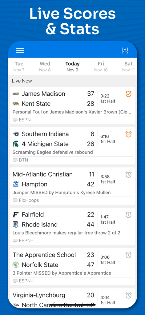 Mobile app screen showing live scores and stats for college basketball games
