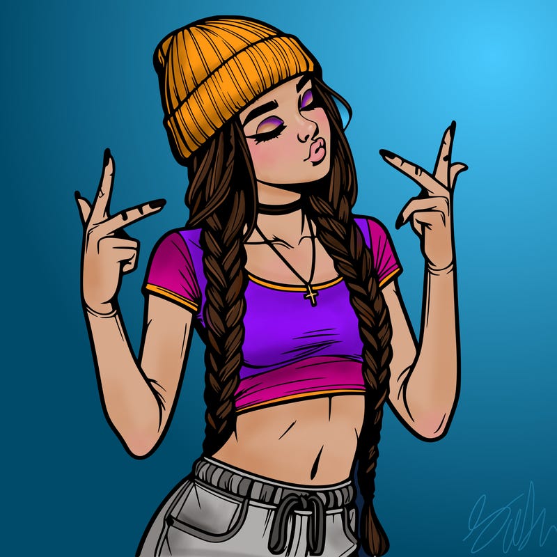 realistic teenage girl with braids and a beanie and crop top doing 🫶🏼