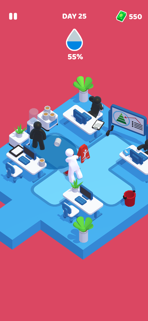 Um personagem limpando um derramamento em um escritório no jogo Staff Job and Life Simulator para celular