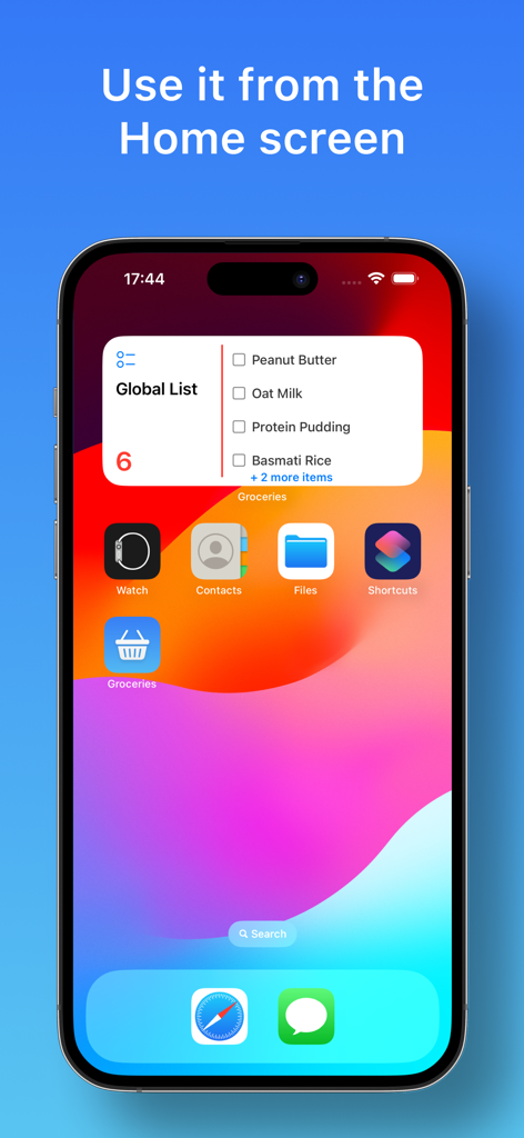 Groceries Tracker app - iPhone home screen featuring a grocery shopping list widget with various food items