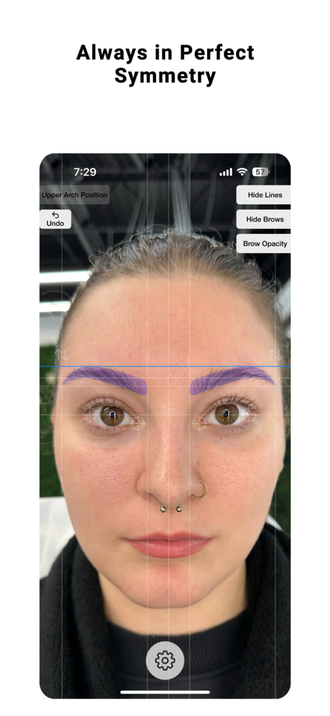 Brow Designer - Aplicativo profissional de mapeamento de sobrancelhas mostrando designs de sobrancelhas simétricas com IA em um rosto de cliente