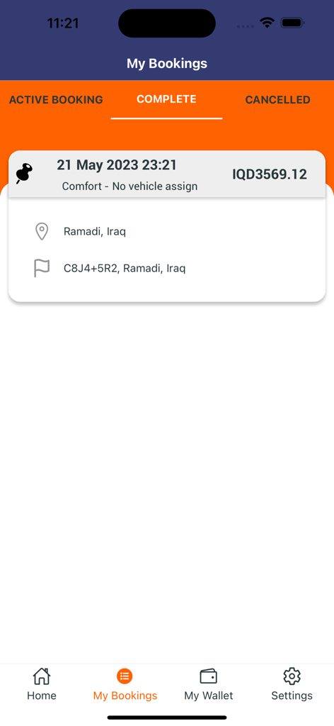 Besun - بيسان - Besun App Bildschirm, der den Bereich "Meine Buchungen" mit einer abgeschlossenen Taxifahrthistorie anzeigt