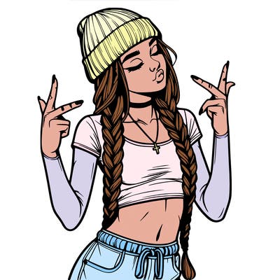 realistic teenage girl with braids and a beanie and crop top doing 🫶🏼