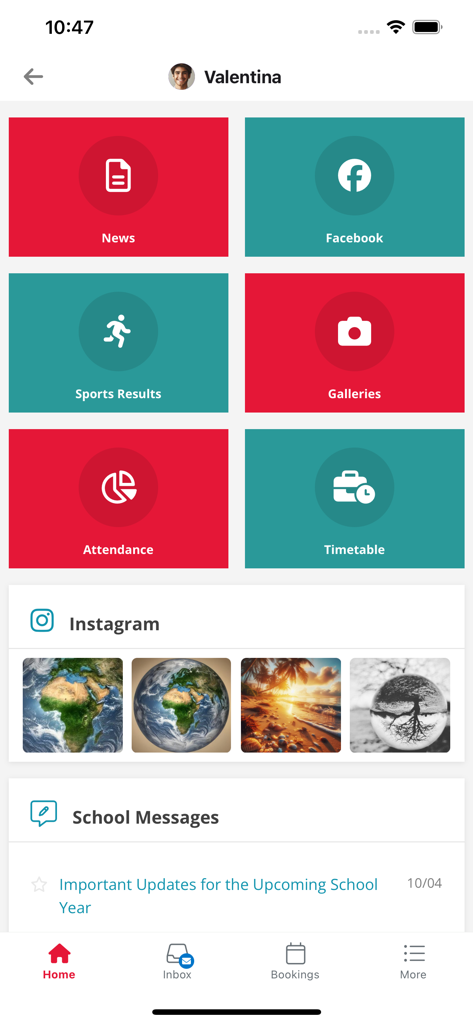 Access My School Portal - Mobile app dashboard for Access My School Portal showing school news attendance sports results and messages