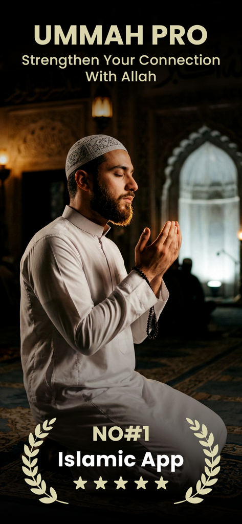 Ummah Pro: Adhan,Qibla & Quran - A man praying in a mosque for the Ummah Pro Islamic app