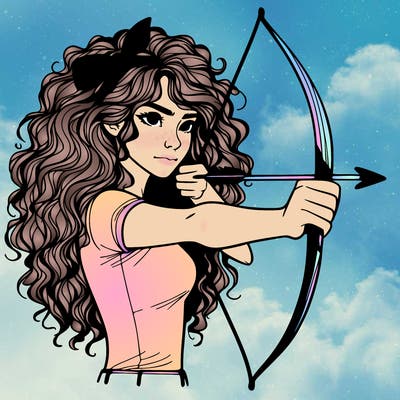 a woman with curly and messy hair using a bow to shoot arrow realistic