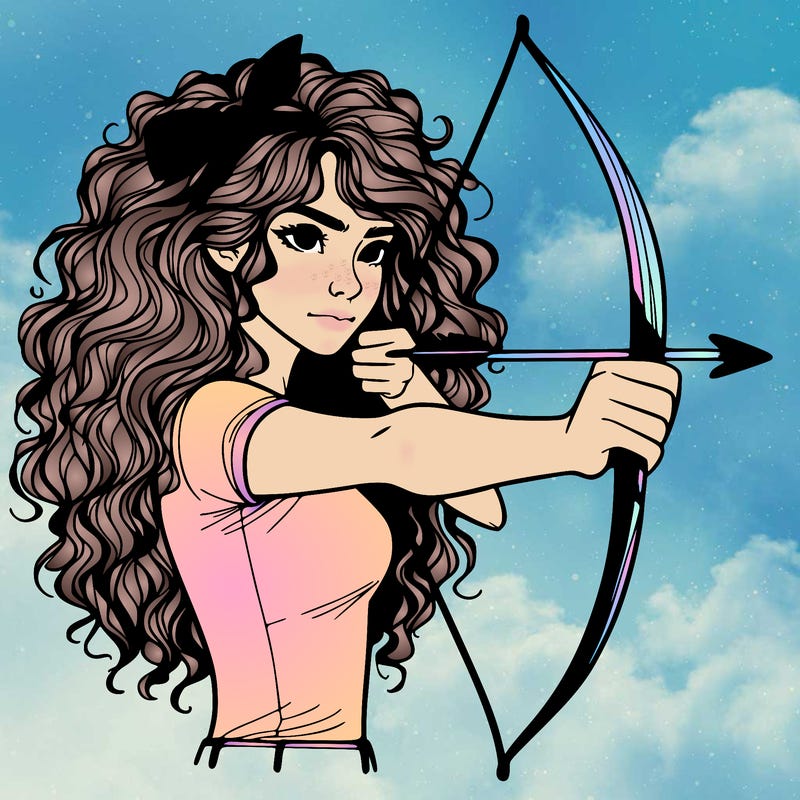 a woman with curly and messy hair using a bow to shoot arrow realistic