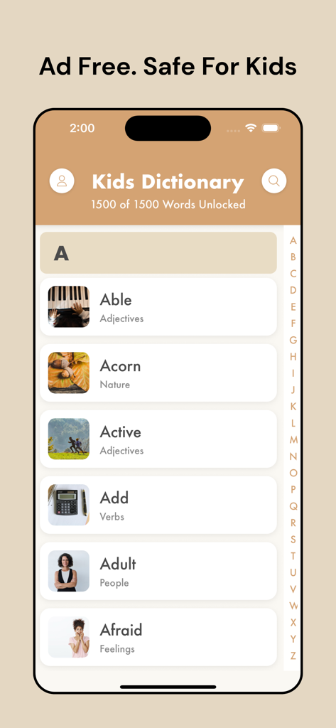 Kids Dictionary - 키즈 사전 앱 인터페이스의 스크린샷으로, A로 시작하는 어휘 목록이 그림과 카테고리로 표시되어 있습니다.