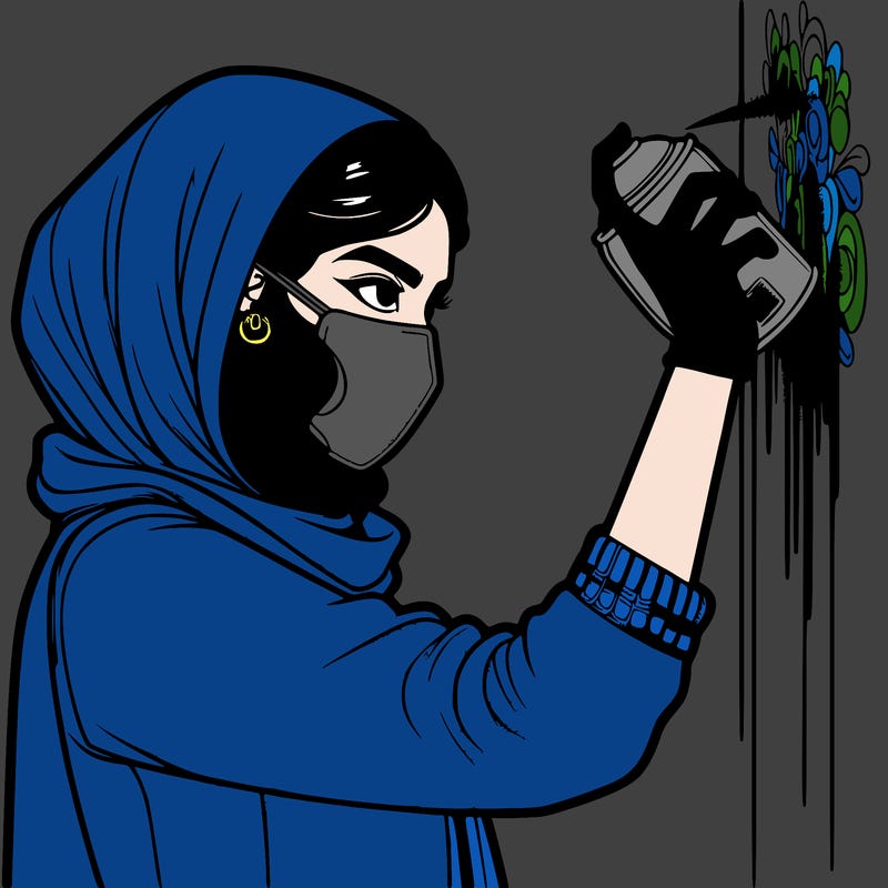 realistic girl with mask spray painting a wall