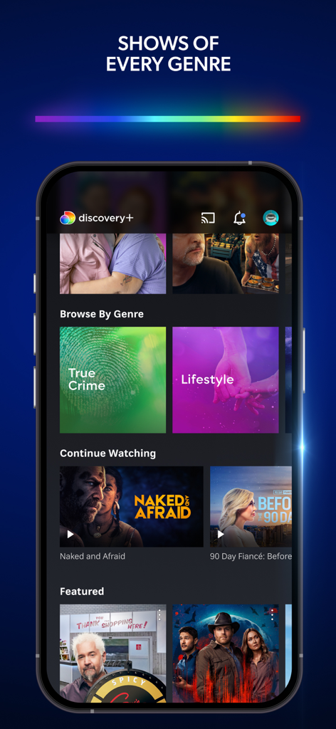 discovery+ | Stream TV Shows - Interfaz de la aplicación móvil Discovery plus que muestra la pantalla de inicio con secciones de navegación por género y continuar viendo, incluyendo crímenes reales y reality shows