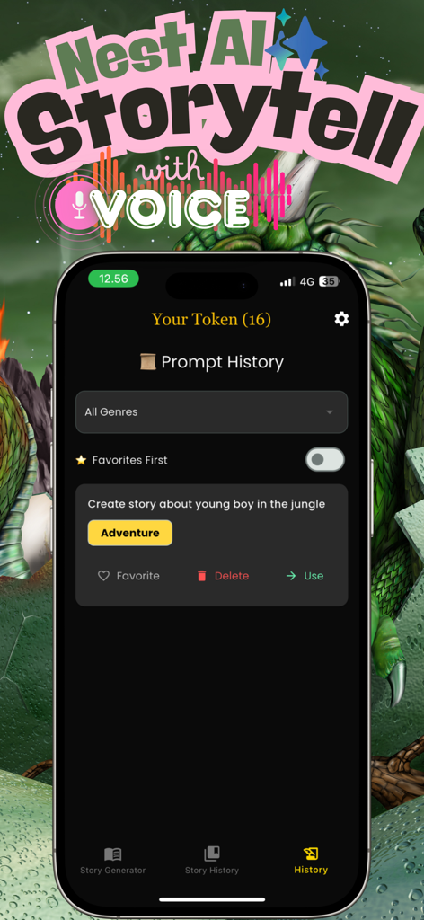 Nest AI: Story Teller - History screen of Nest AI Story Teller app showing a saved prompt for an adventure story and token balance.