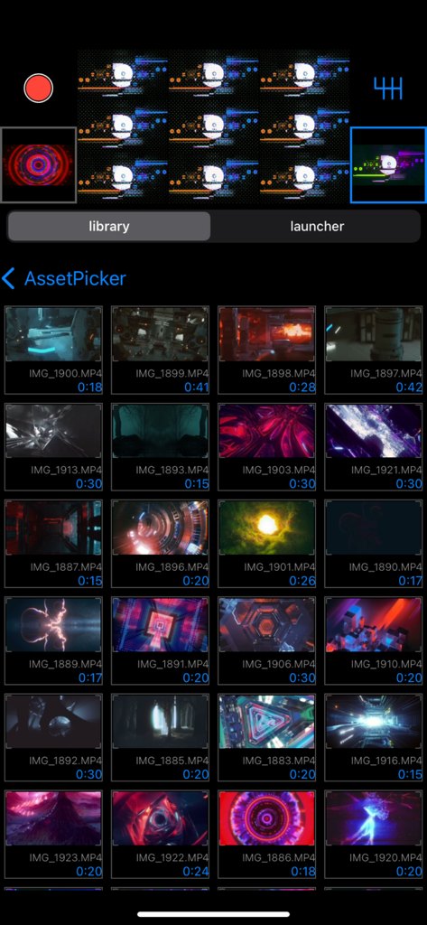 100VJ - 100VJ app asset picker interface displaying a grid of video loops for live visual performance.