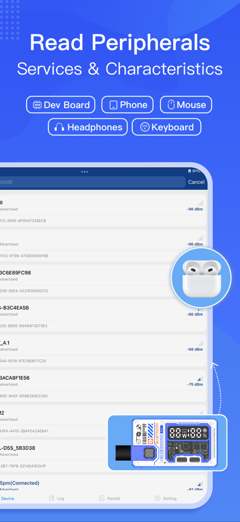 BluetoothAssistant - 신호 강도 및 개발자 보드 및 헤드폰에 대한 범주 아이콘이 있는 장치 목록을 보여주는 BluetoothAssistant 앱 인터페이스