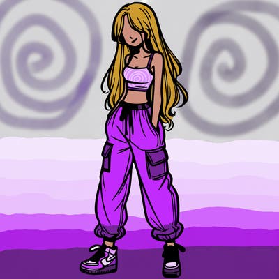 girl in baggy pants crop top and long hair