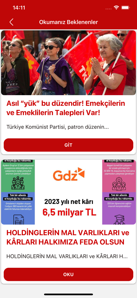 TKP - Bildschirmfoto der TKP-Mobil-App mit einem Nachrichten-Feed mit politischen Artikeln und Schlagzeilen zur sozialen Gerechtigkeit.