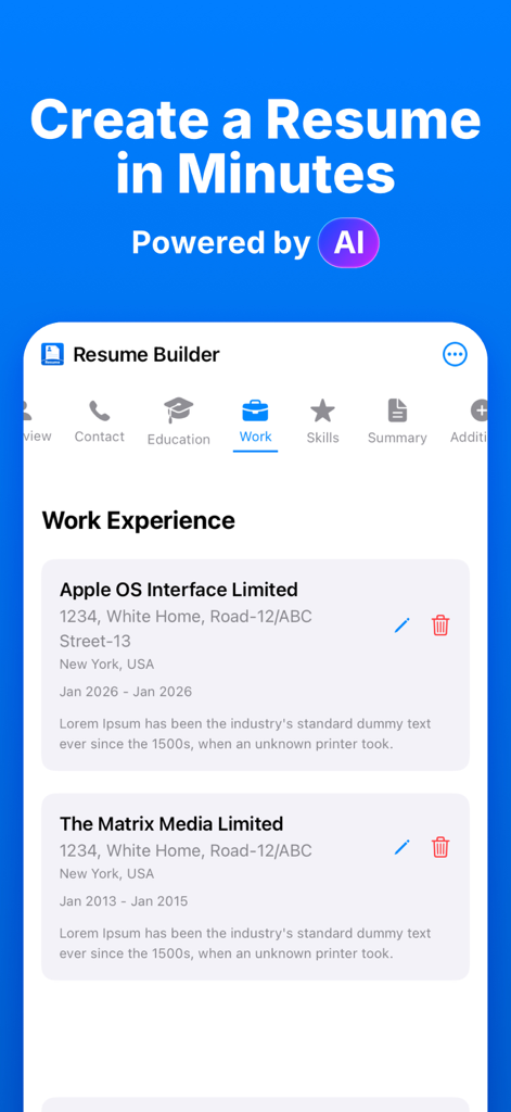 A mobile app interface for Resume Builder showing the work experience section powered by AI.