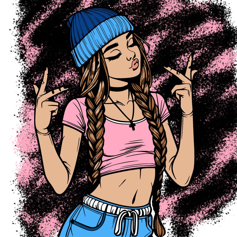 realistic teenage girl with braids and a beanie and crop top doing 🫶🏼