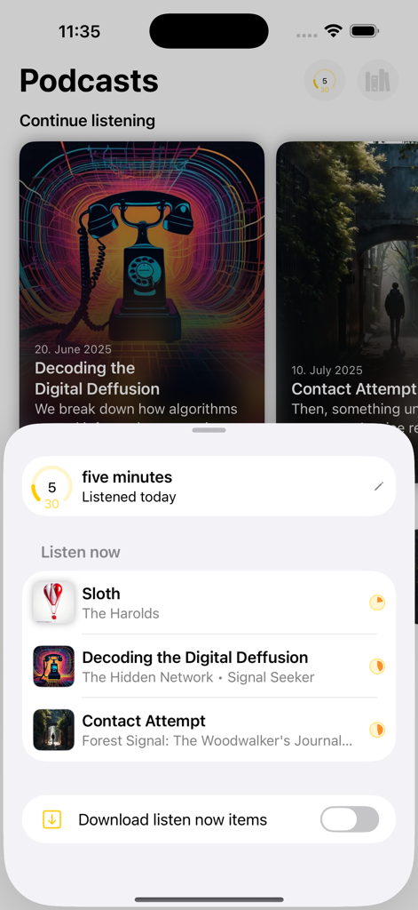 ShelfPlayer mobile app interface showing a podcast library and daily listening progress tracking
