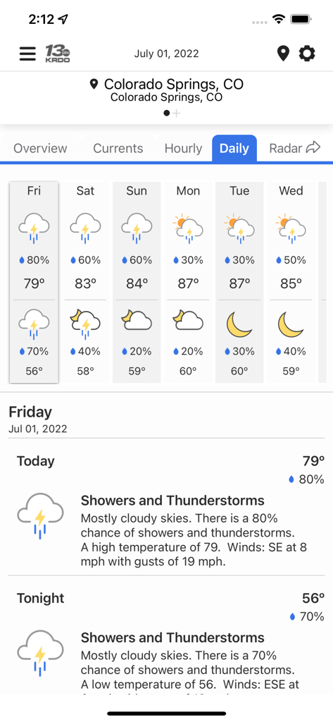 KRDO StormTracker 13 Weather - Daily weather forecast for Colorado Springs in the KRDO StormTracker 13 app showing weekly outlook and detailed reports for showers and thunderstorms.