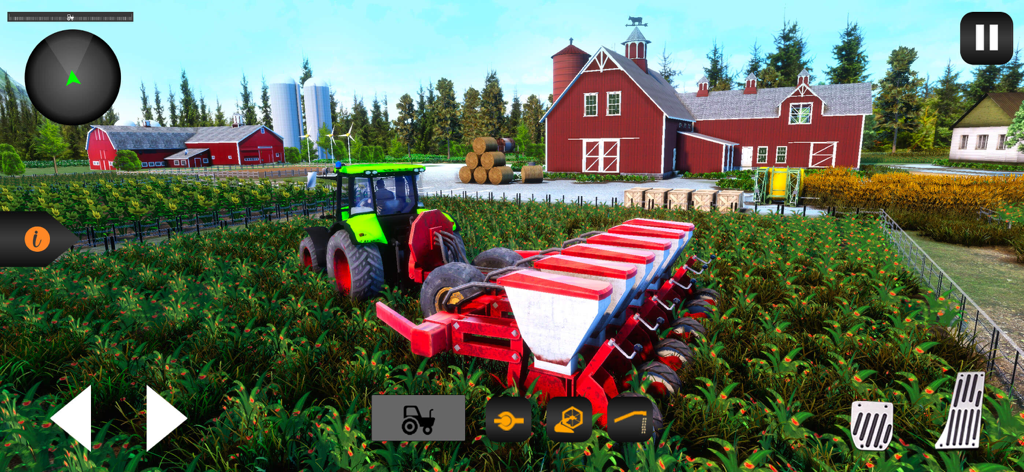 Tractor Farming Simulator 23 - Un tractor verde sembrando cultivos en un campo verde con un granero rojo y silos de granja al fondo