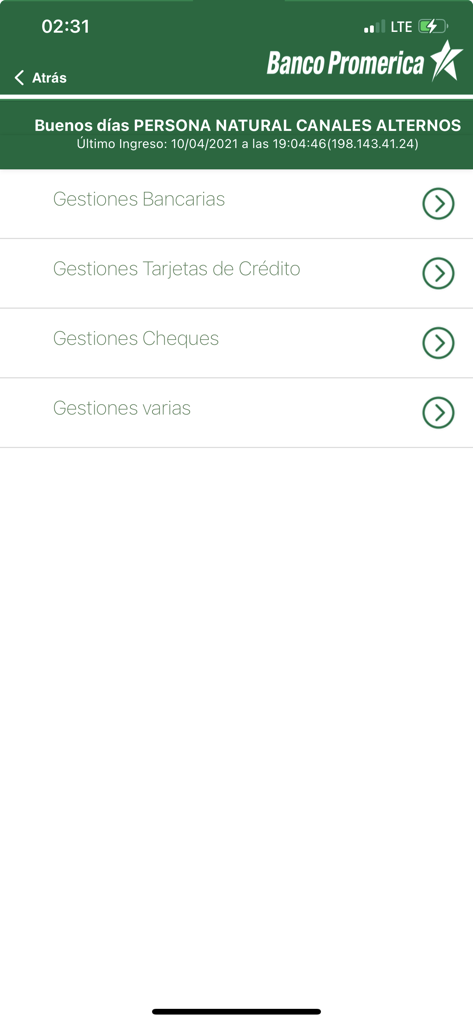Main menu of the Banco Promerica Movil app showing banking and credit card management options