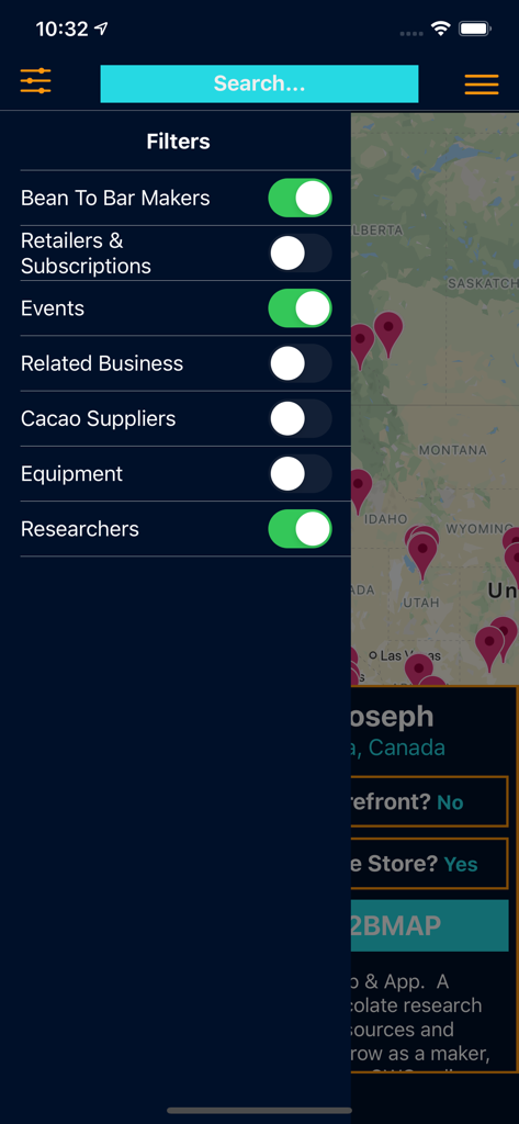Chocolate Map - Menú de filtros en la aplicación Chocolate Map que muestra categorías como "Fabricantes Bean To Bar" y "Proveedores de Cacao" sobre una interfaz de mapa.