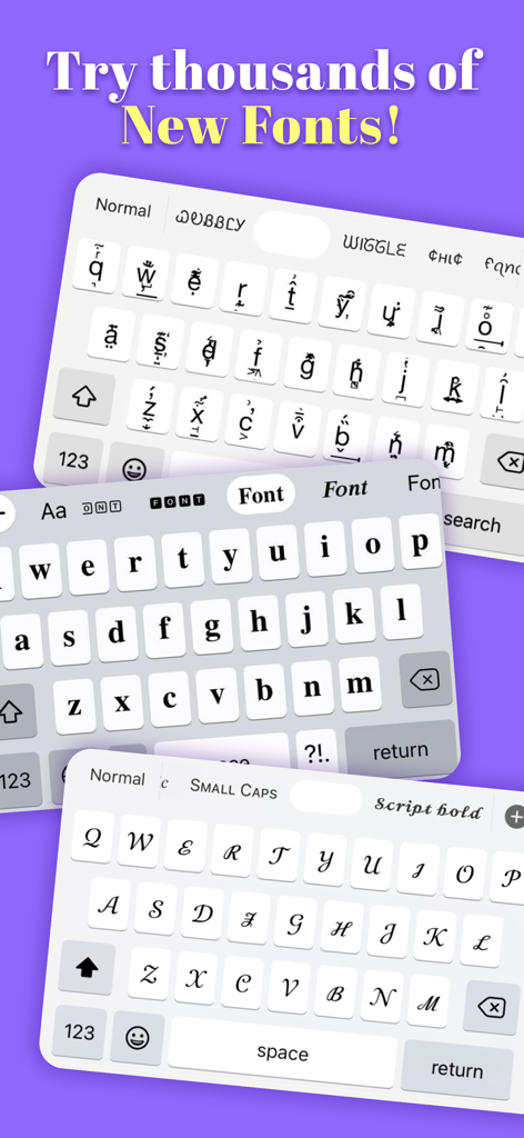 Text Designer - Font Keyboard - Showcase of different custom keyboard styles and artistic fonts including script and decorative lettering on a purple background